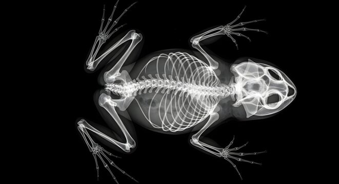 X ray image of frog skeleton displaying bone structure details on black