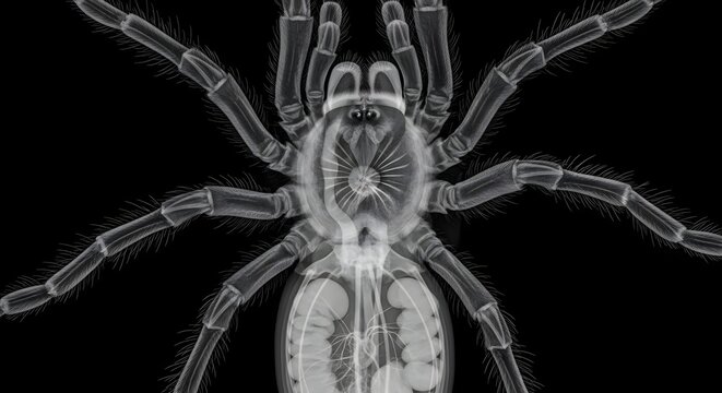 X ray image of spider shows internal anatomy against a dark background