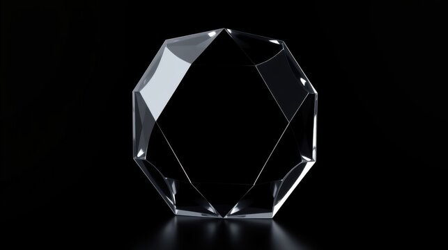 Octagonal crystal object sits upon reflective surface. Minimalist composition, dramatic lighting creates sharp contrasts. Clean, modern aesthetic.
