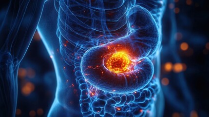 Fototapeta premium transparent torso revealing ribcage, stomach and intestines with a glowing orange inflamed mass and electric nerve sparks in a blue x-ray view suggesting pain and urgency