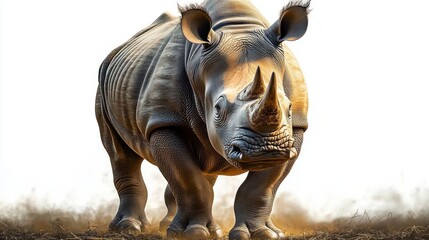 Fototapeta premium majestic rhinoceros with two horns and wrinkled skin standing on dry ground with dust at its feet, alert forward gaze conveying strength and determination