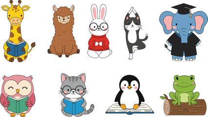 Fototapeta premium Set of Cute Cartoon Animal Illustrations Featuring Giraffe, Owl, Elephant, and More, Reading Books for Kids' Educational and Learning Designs