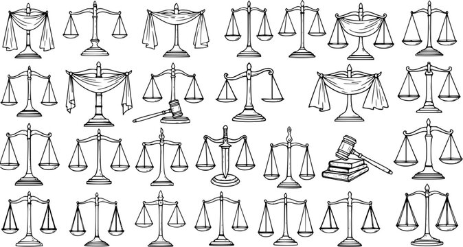 Hand-Drawn Scales of Justice, Gavel, and Law Symbols Seamless Pattern