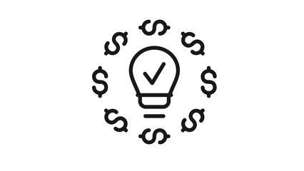 Black vector icon illustration of a light bulb with a checkmark symbol inside, encircled by dollar signs. Concept for a profitable business idea, financial success, and smart investment. © Abu