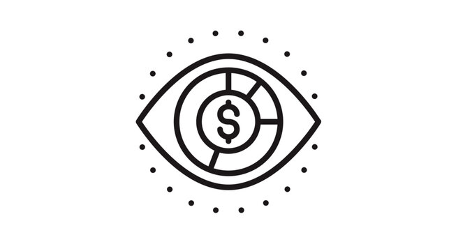 Minimalist black vector icon of an eye containing a pie chart and dollar sign symbol, representing financial monitoring, market analysis, investment vision, business intelligence, and budget.
