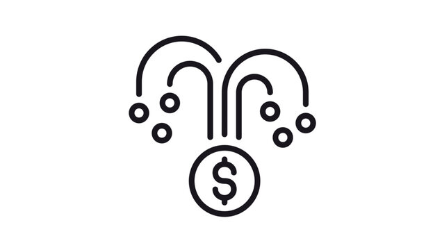 Black minimalist vector icon illustration of a dollar coin fountain symbolizing wealth distribution, financial growth, cash flow, profit, investment return, and passive income on a white background.