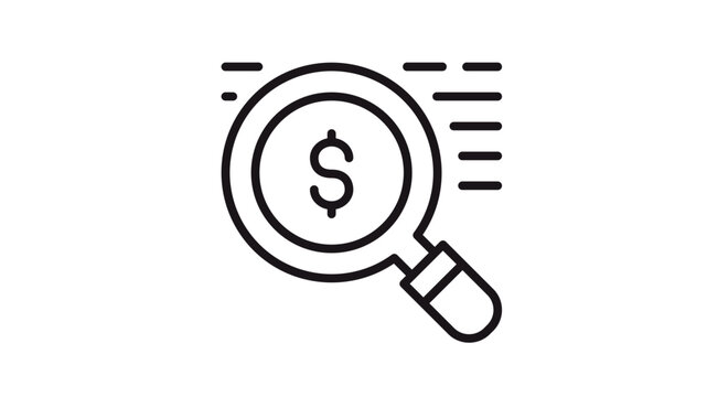 Minimalist black line vector icon illustration of a magnifying glass with a dollar sign, representing financial search, money audit, investment analysis, business research, and economic tracking.