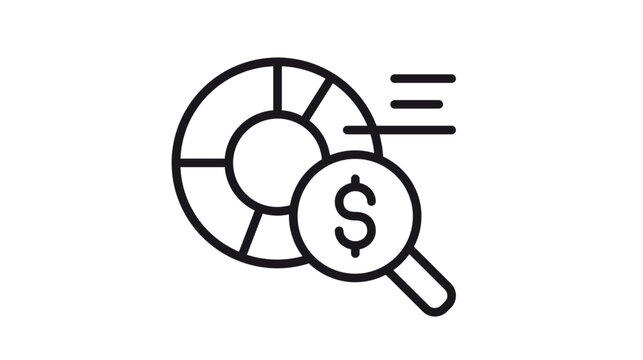 Black line vector icon of a financial analysis concept with a donut pie chart, a magnifying glass showing a dollar sign, and data lines, perfect for business, investment, and market research.