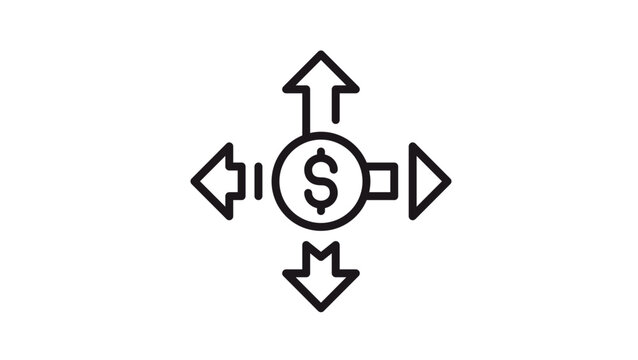 Black line vector icon illustration of a dollar sign coin with four arrows pointing outwards in all directions, representing global finance, money distribution, currency exchange, and growth.