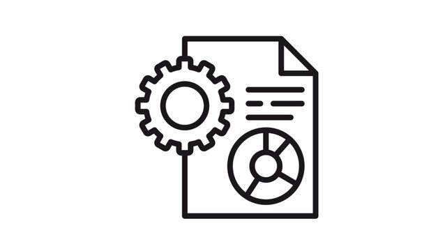 Business report and data processing vector icon illustration, featuring a document with a gear and a pie chart for analytics, management, and automated reporting systems.