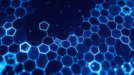 Fototapeta premium Hexagonal patterns dominate image. Bright blue lines connect shapes, creating futuristic network effect. Dark background enhances glow.