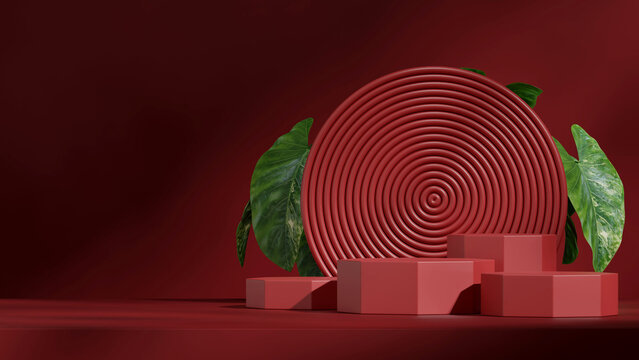 3d image render blank space red color hexagonal shape in landscape circle backdrop