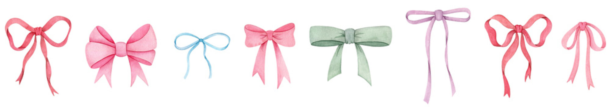 Bows watercolor flirty set isolated on white. Childish stylish ribbons in pastel pink and mint. Hand-drawn minimalist design elements for wedding stationery, textile, cards, modern packaging.