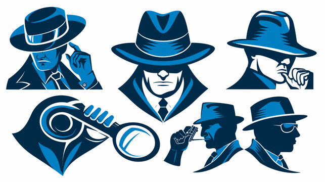 Stylized illustrations of a man in a hat in various poses with a magnifying glass. Silhouettes in blue hues