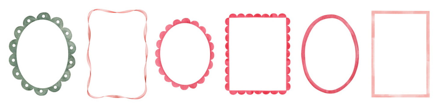 Watercolor frames flirty set isolated on white. Childish stylish decorative borders in pastel pink and green. Hand-drawn minimalist design elements for wedding stationery, cards, modern packaging