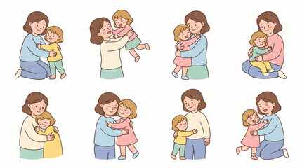 Fototapeta premium A heartwarming collection of illustrations depicting mothers and daughters sharing tender moments of affection, love, and closeness, capturing the beautiful bond between them