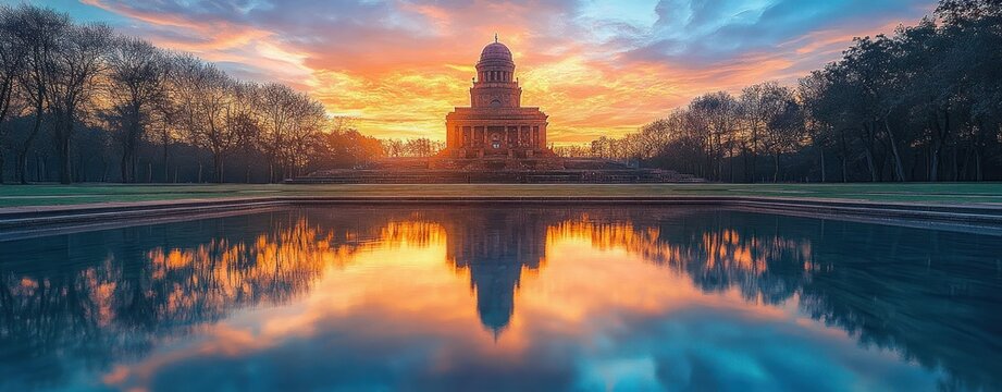 majestic domed stone building framed by leafless trees with a long reflecting pool mirroring a dramatic orange and blue sunrise sky, serene symmetrical composition inspiring awe