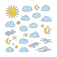 Obraz premium Collection of weather icons featuring sun, clouds, moon, stars, and rain elements.