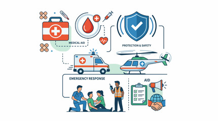 Fototapeta premium Illustration of medical and emergency response symbols for World Red Cross Day, featuring icons for humanitarian aid, healthcare, and crisis support.