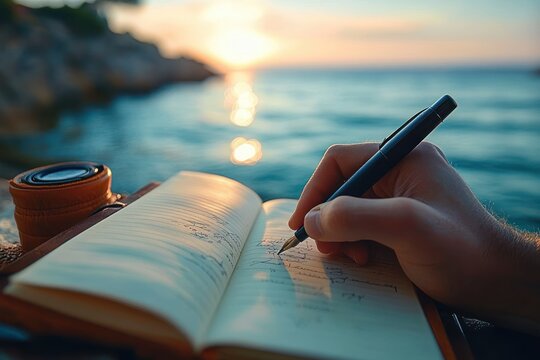 hand writing in an open journal by the ocean at sunset, warm golden light and peaceful reflective mood