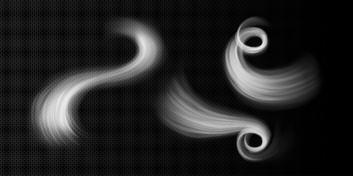 Dynamic wind effect with flowing white air streams and swirling motion, realistic vector set isolated on transparent. Natural breeze or smoke vortex spin, spiral whirlwind trails