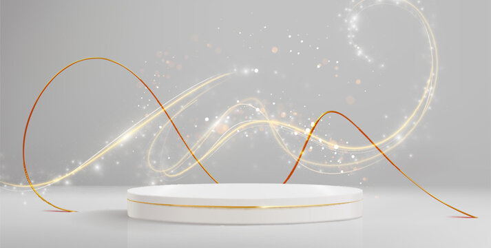 White podium with flowing golden wavy lines, realistic vector background. Elegant 3D stage platform for luxury product display, awards, cosmetic presentation with golden shine, curved abstract element