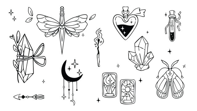 Set of mystic boho designs for tattoo or tarot cards. Vector illustration of celestial moth, dagger with butterfly wings, love potion in heart bottle, crescent moon, sacred crystals, spiritual icons
