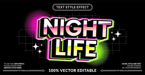 Editable text effect vector “Night Life” features bold 3D lettering with neon glow, vibrant gradients, and energetic club vibes inspired by nightlife, music, and urban scenes. © Rtn_Studio