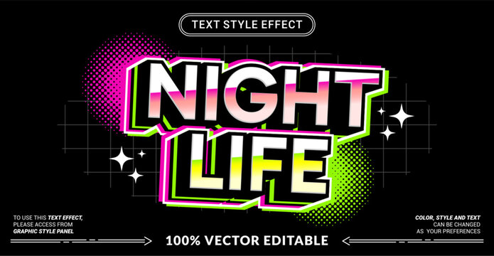 Editable text effect vector &ldquo;Night Life&rdquo; features bold 3D lettering with neon glow, vibrant gradients, and energetic club vibes inspired by nightlife, music, and urban scenes.