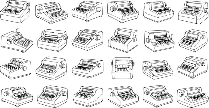 Black and White Line Art Vector Illustration of various vintage teleprinters and teletype machines, depicting retro communication and office technology.