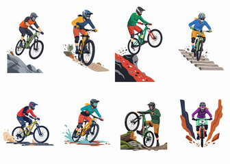 Obraz premium A collection of eight dynamic vector illustrations featuring mountain bikers jumping, riding through mud, descending rocks, and navigating diverse trails.