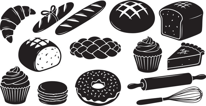 Black and white bakery icons and utensils illustration