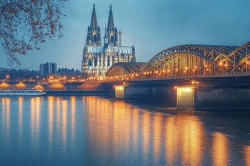 Fototapeta premium Majestic gothic cathedral with twin spires beside an illuminated arched steel bridge at dusk, golden lights reflecting on a calm river, serene evening cityscape