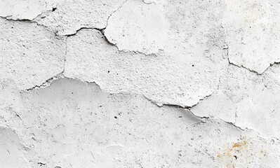 Obraz premium Weathered white plaster wall with peeling paint, visible cracks and a small rust stain conveying quiet decay
