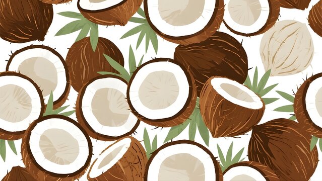 A seamless tropical pattern illustration featuring whole and halved coconuts with green palm leaves on a clean white background.