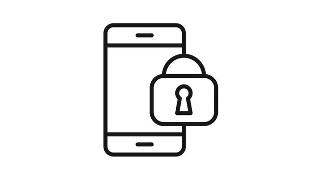 Black vector icon of a smartphone with a padlock symbol, representing mobile security, data protection, privacy, and cybersecurity. Minimalist line art illustration for digital safety.
