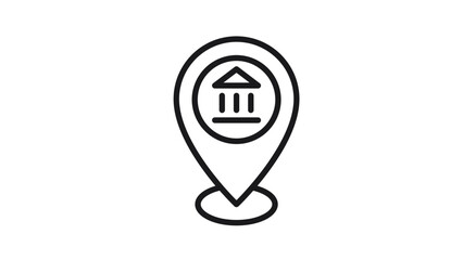 Black vector icon of a map pin location marker containing a classical building symbol representing a bank, museum, or government office, minimalist line art illustration on white background. © Sumon