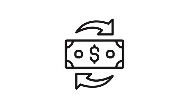 Minimalist black line vector icon of a dollar banknote with circular arrows, representing money exchange, currency conversion, cash flow, financial transaction, refund, or payment processing.