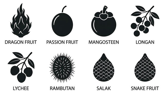 Tropical exotic fruits icons set.