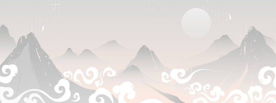 Abstract mountain landscape in traditional Japanese watercolor style with misty peaks, pastel vector background. Oriental peaceful Asian nature, chinese scenery with clouds and sunrise