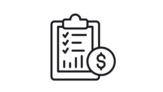 Financial report vector icon illustration featuring a clipboard with a checklist, bar chart, and dollar sign coin, representing business planning, budgeting, and accounting analysis.