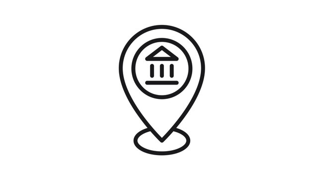 Black vector icon of a map pin location marker containing a classical building symbol representing a bank, museum, or government office, minimalist line art illustration on white background.