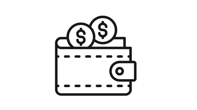 Minimalist black line art vector icon illustration of a leather wallet with dollar coins, representing finance, savings, money management, banking, and payment concepts on a white background.
