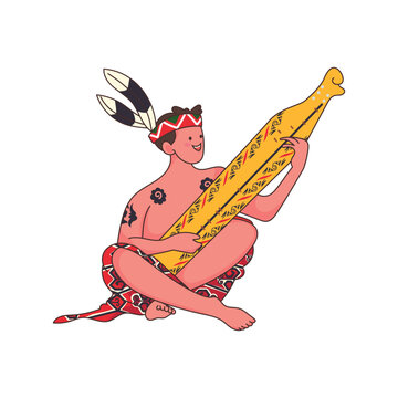 A lively performance of a Dayak man playing the Sape musical instrument. Featuring ornate tribal attire and traditional tattoos, this clip art celebrates Indonesian ethnic heritage.