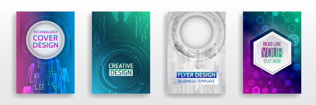 Futuristic technology cover templates with vibrant gradients, digital circuits, and geometric elements. Ideal for brochures, flyers, and modern business or corporate branding projects.