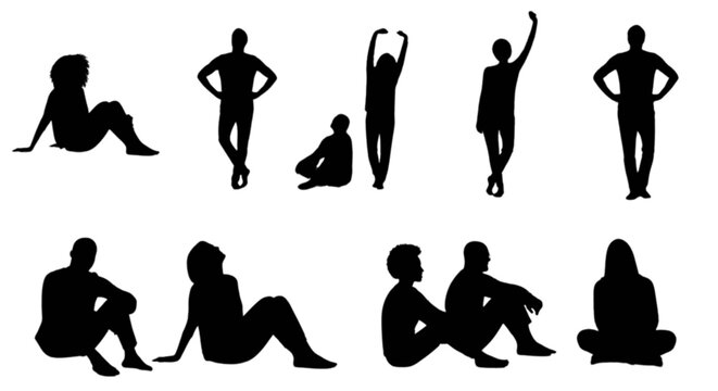 Silhouettes of people in various dynamic yoga and stretching poses isolated on transparent background, Vector