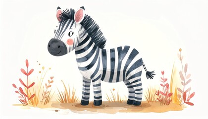 Fototapeta premium Minimalist watercolor illustration of Cute cartoon zebra