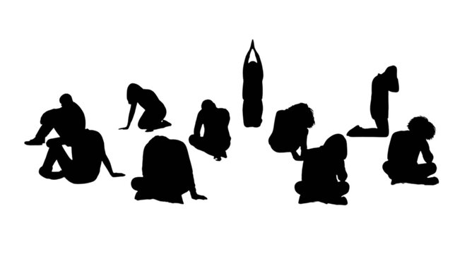 Silhouettes of people and a bus in a row formation on a plain background isolated on transparent background, Vector