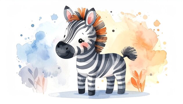 Minimalist watercolor illustration of Cute cartoon zebra