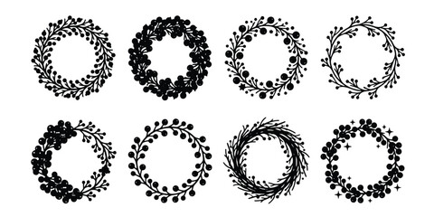 Hand drawn floral wreath collection, 8 black botanical circular frames, decorative leaf and berry border set, rustic wedding invitation vector elements © Saiful